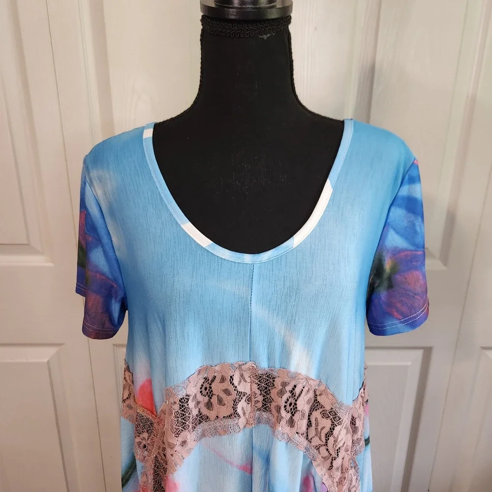Simply Aster by Firmiana Blue Floral Lace Trim Boho Tunic Top Short Dress Medium - Picture 7 of 13
